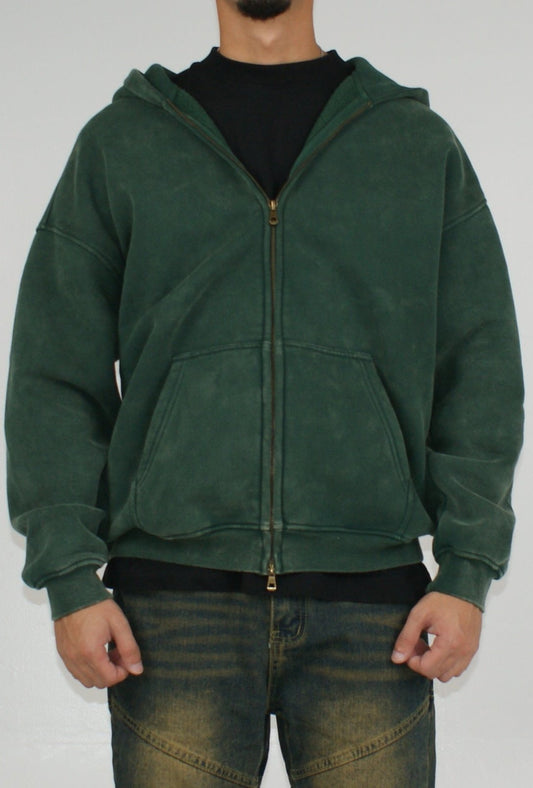 Washed Zipped Hoodie Green