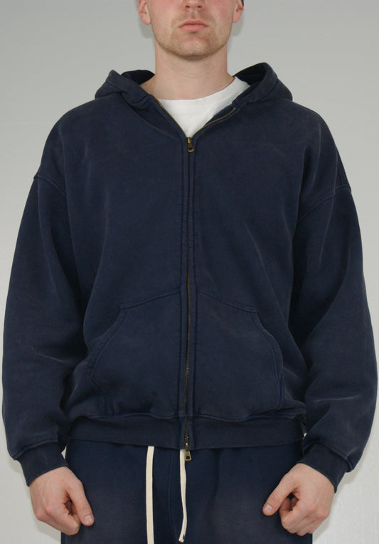 Washed Zipped Hoodie Navy Blue